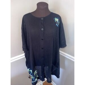 Liz & Me Plus Size Swim Cover Up‎ Black Mesh Button Down Shirt Tropical 5X